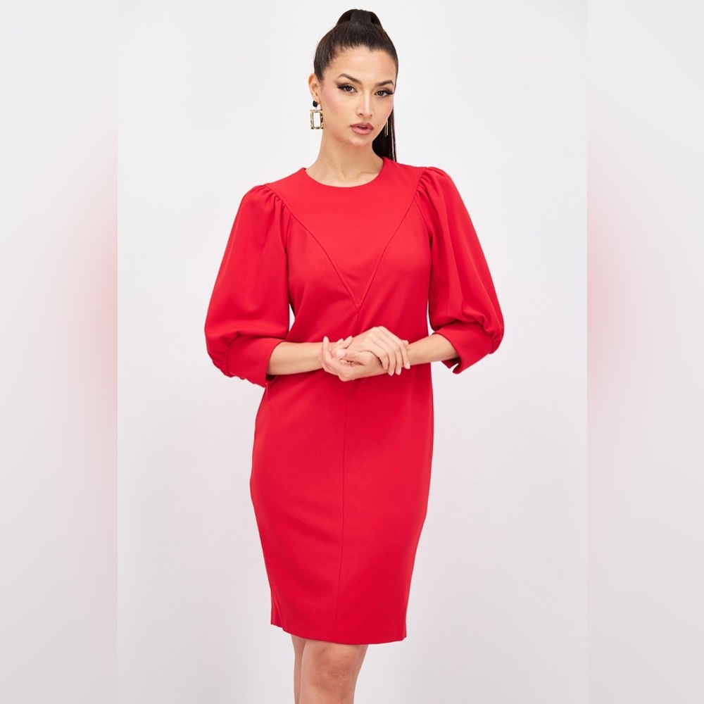 Calvin Klein Puff Sleeve Sheath Dress 3/4 Long Sleeves Red‎ NEW Size 2